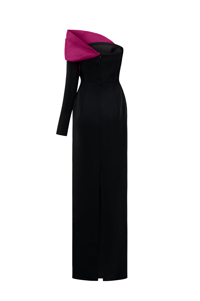Asymmetric Column Gown With Draped Rose