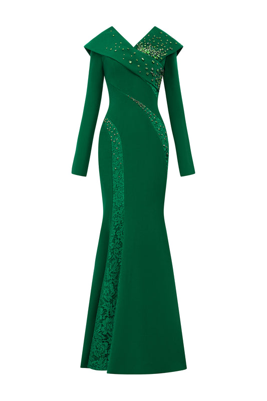 Long Sleeves Cut-Out Mermaid Green Crepe Gown