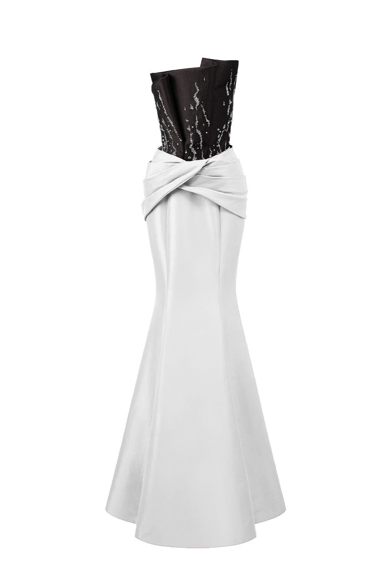 Bustier Mermaid Gown With Draped Details In Black And White Taffeta
