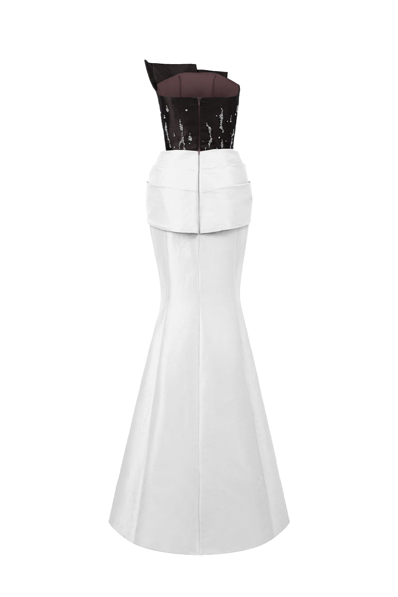 Bustier Mermaid Gown With Draped Details In Black And White Taffeta