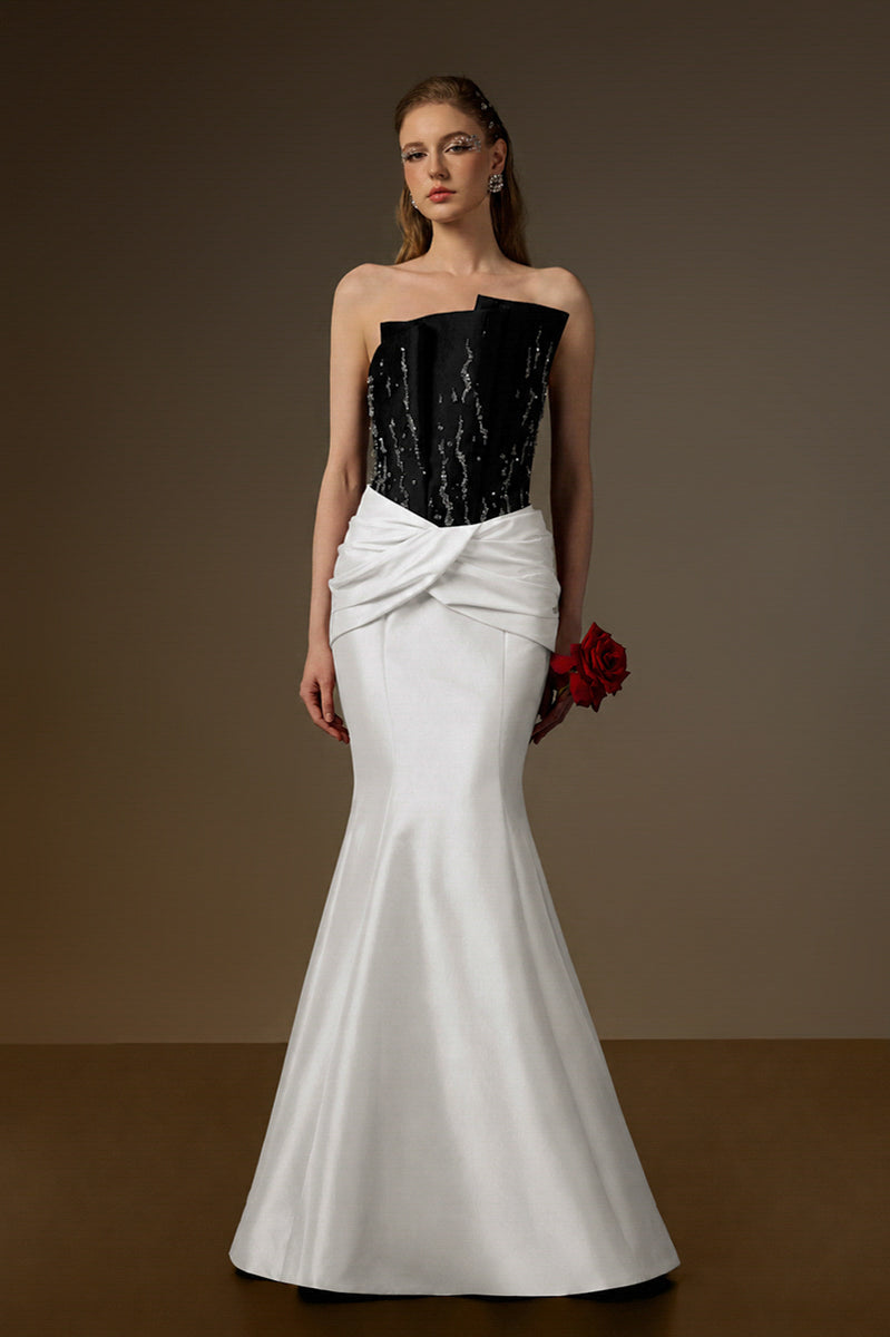 Bustier Mermaid Gown With Draped Details In Black And White Taffeta