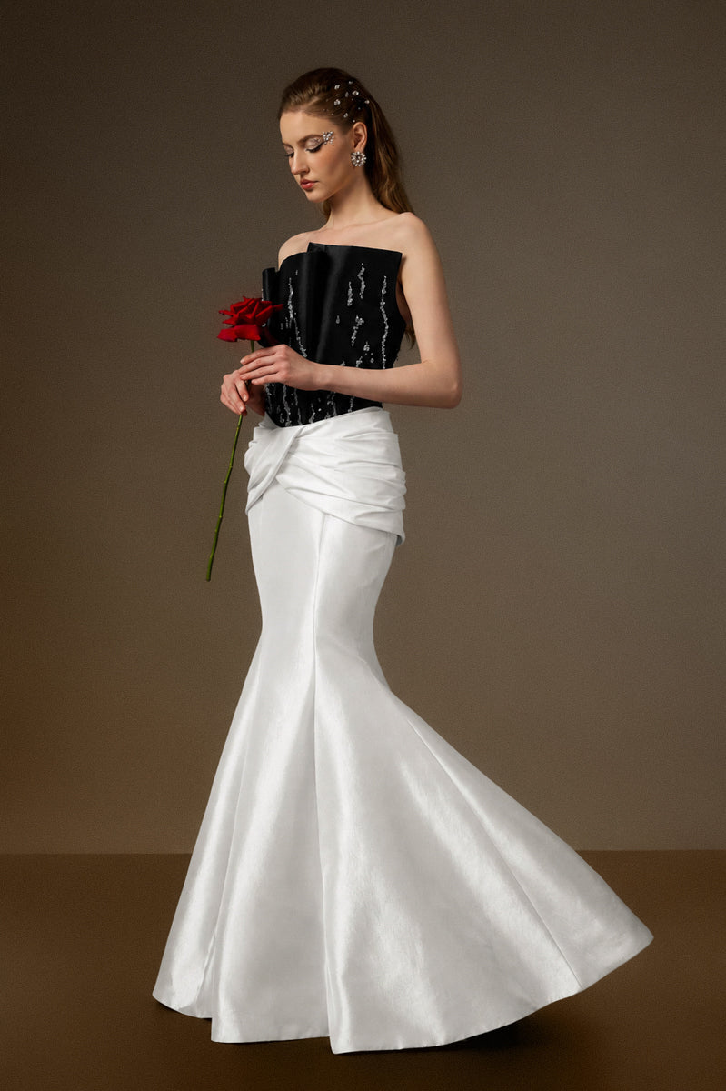 Bustier Mermaid Gown With Draped Details In Black And White Taffeta