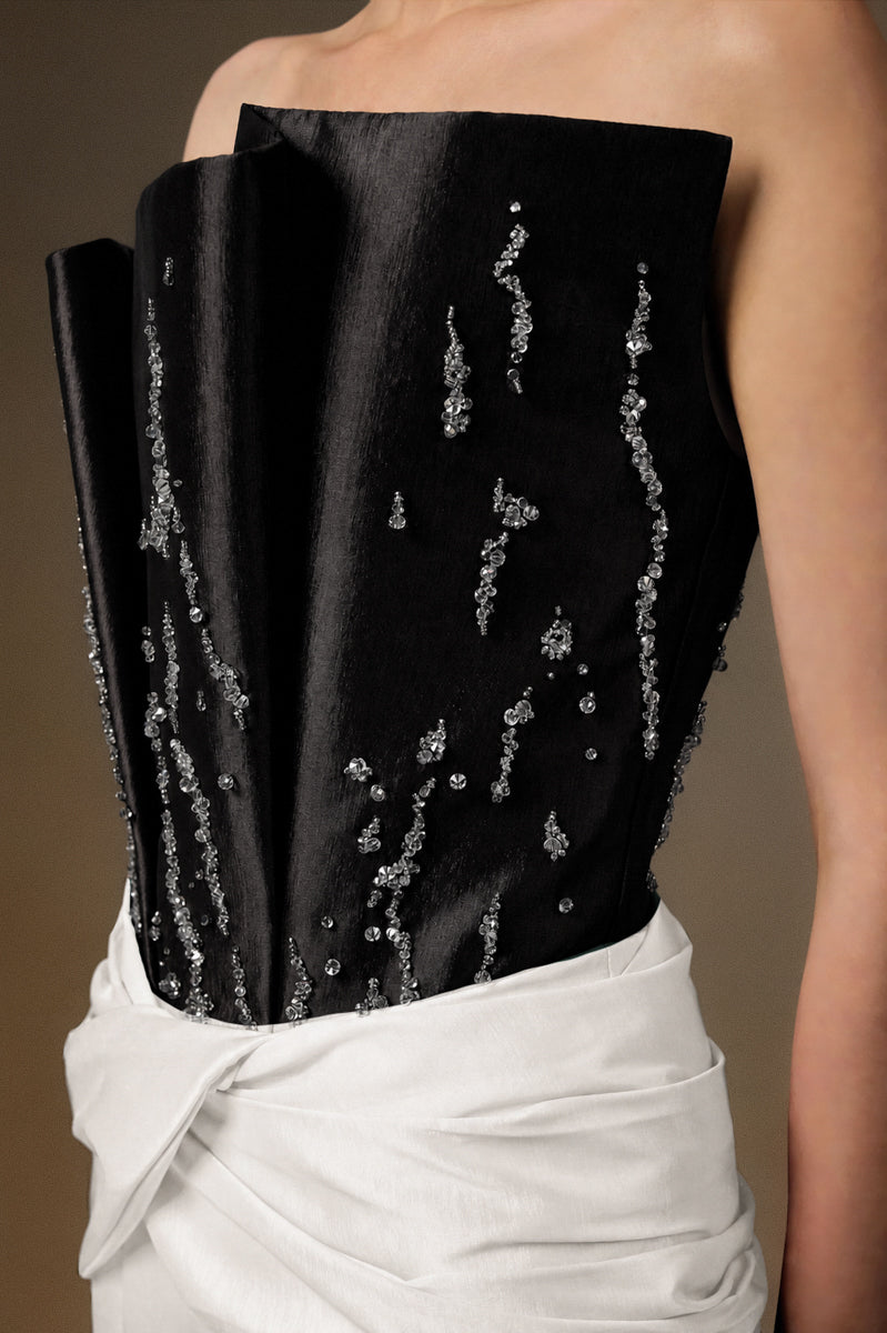 Bustier Mermaid Gown With Draped Details In Black And White Taffeta