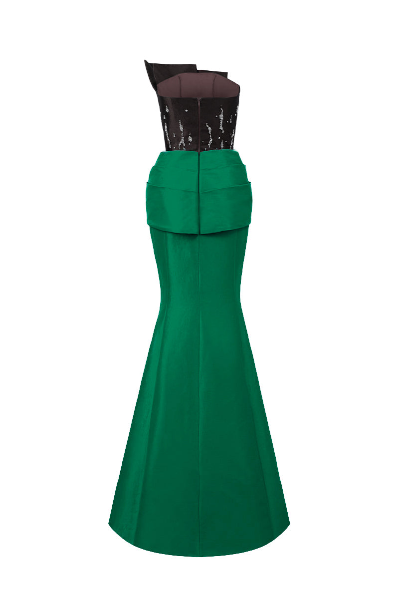 Bustier Mermaid Gown With Draped Details In Brown And Dark Green Taffeta