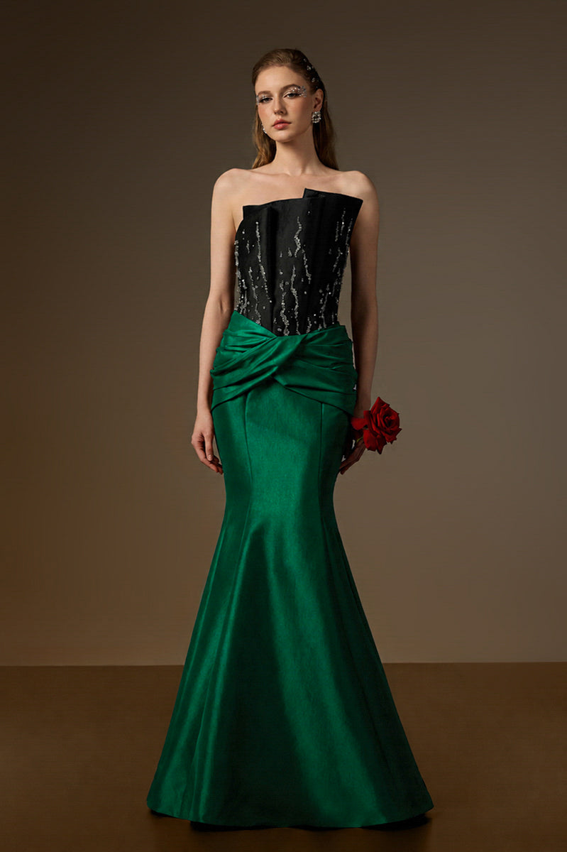 Bustier Mermaid Gown With Draped Details In Brown And Dark Green Taffeta