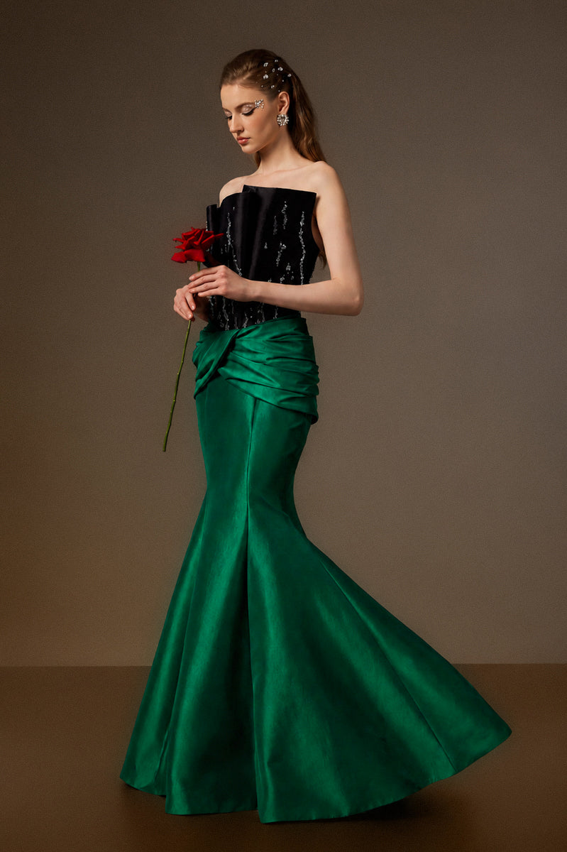 Bustier Mermaid Gown With Draped Details In Brown And Dark Green Taffeta