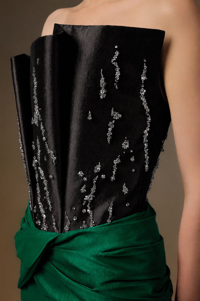 Bustier Mermaid Gown With Draped Details In Brown And Dark Green Taffeta