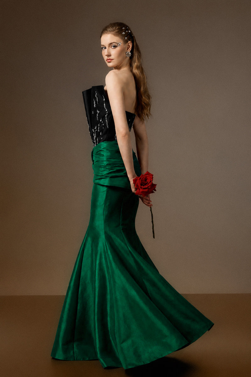 Bustier Mermaid Gown With Draped Details In Brown And Dark Green Taffeta