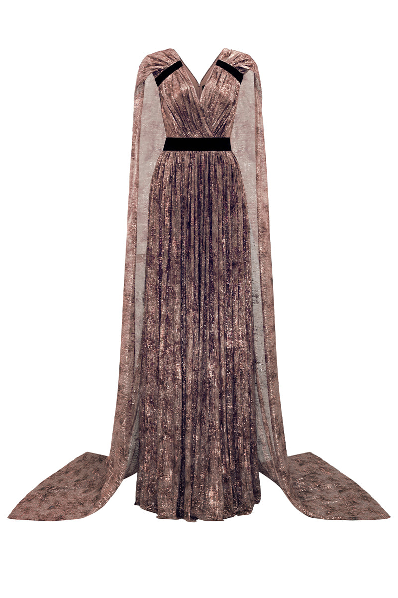 V-Neck A-Line Gown With Ruffle Back Train In Green Tie-Dyed Golden Chiffon