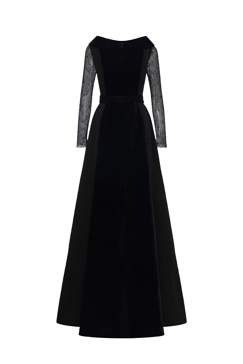 Round Neck A-Line Gown With De-Constructed Collar In Black Velvet And Black Vine Guipure Lace
