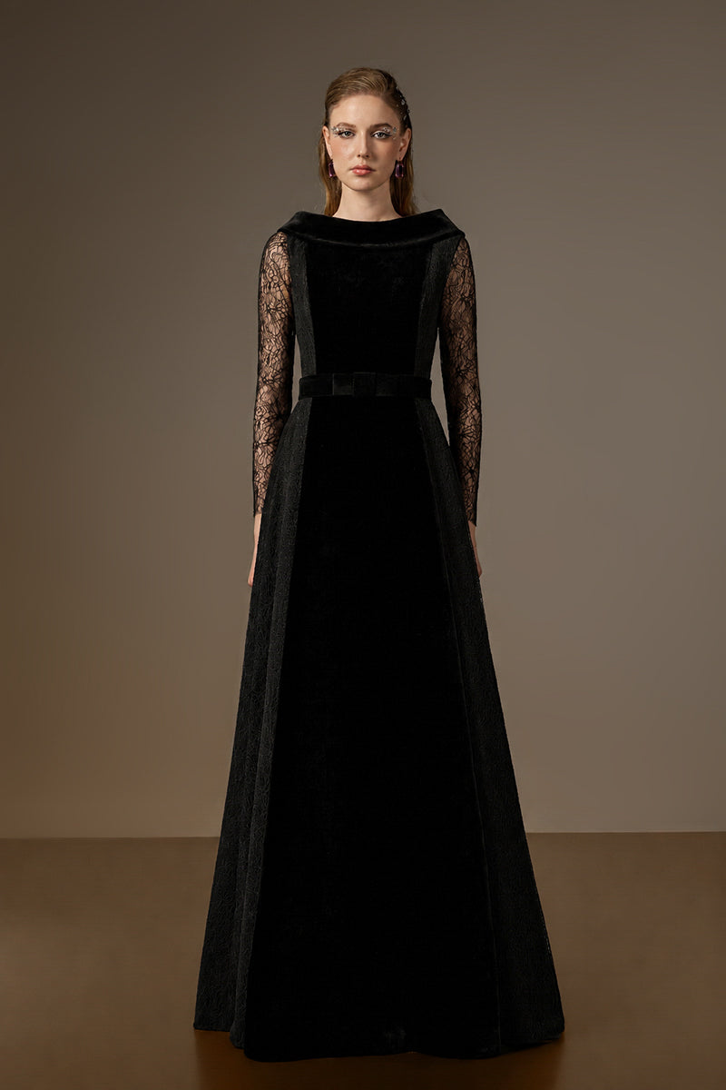 Round Neck A-Line Gown With De-Constructed Collar In Black Velvet And Black Vine Guipure Lace