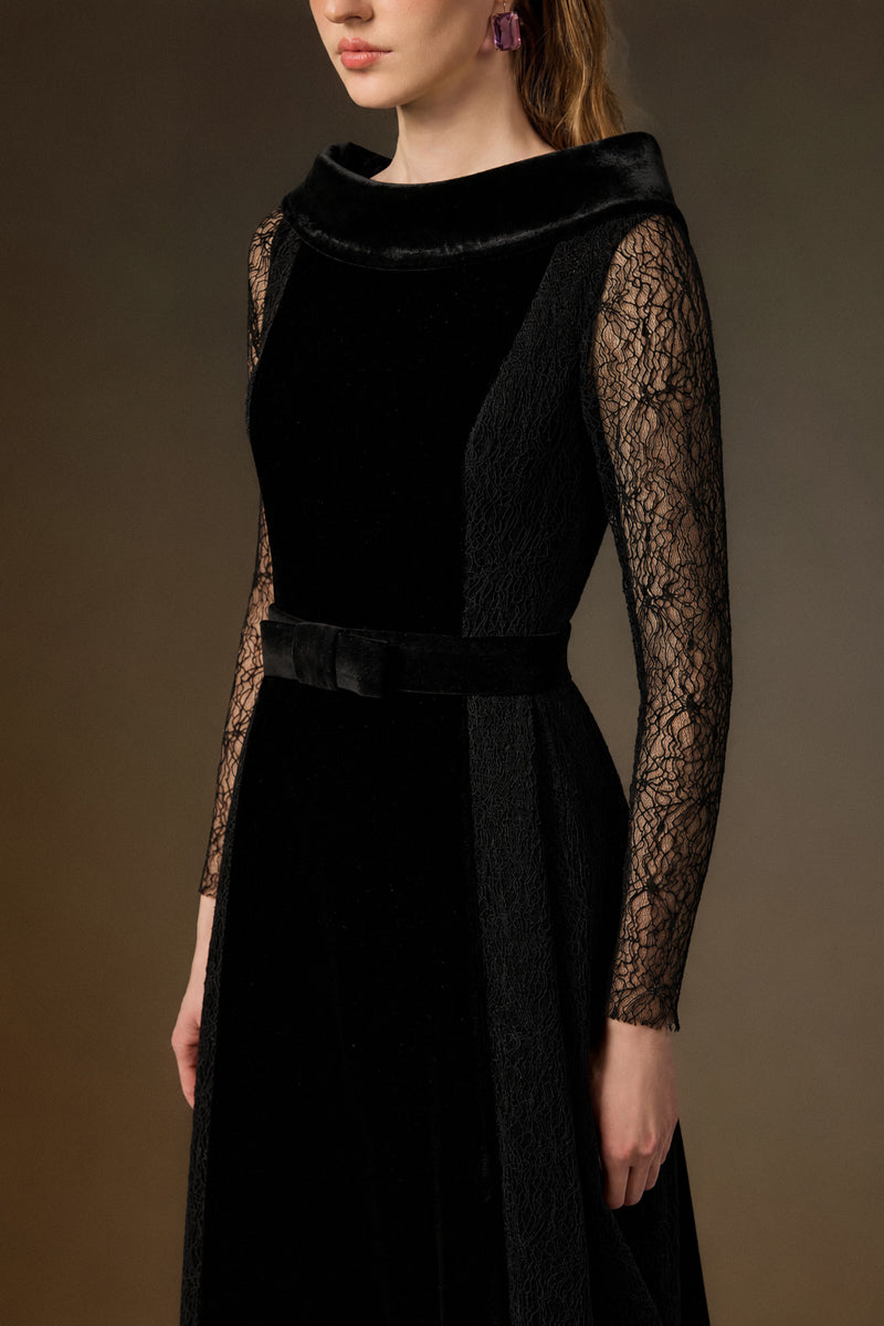 Round Neck A-Line Gown With De-Constructed Collar In Black Velvet And Black Vine Guipure Lace