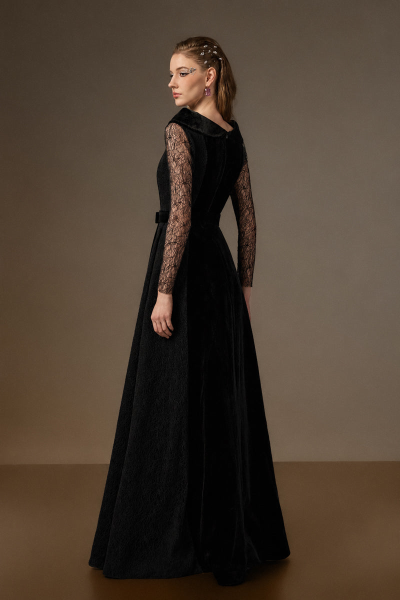Round Neck A-Line Gown With De-Constructed Collar In Black Velvet And Black Vine Guipure Lace