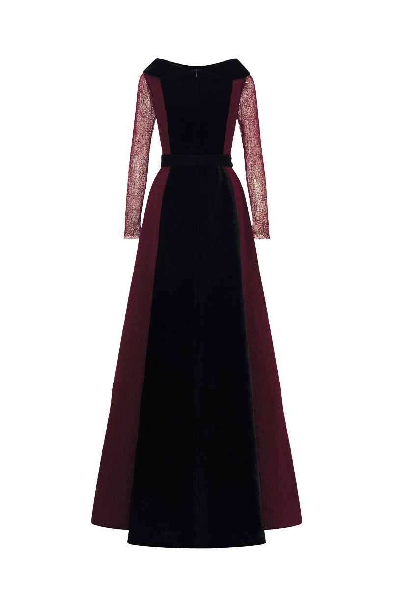Round Neck A-Line Gown With De-Constructed Collar In Black Velvet And Dark Red Vine Guipure Lace