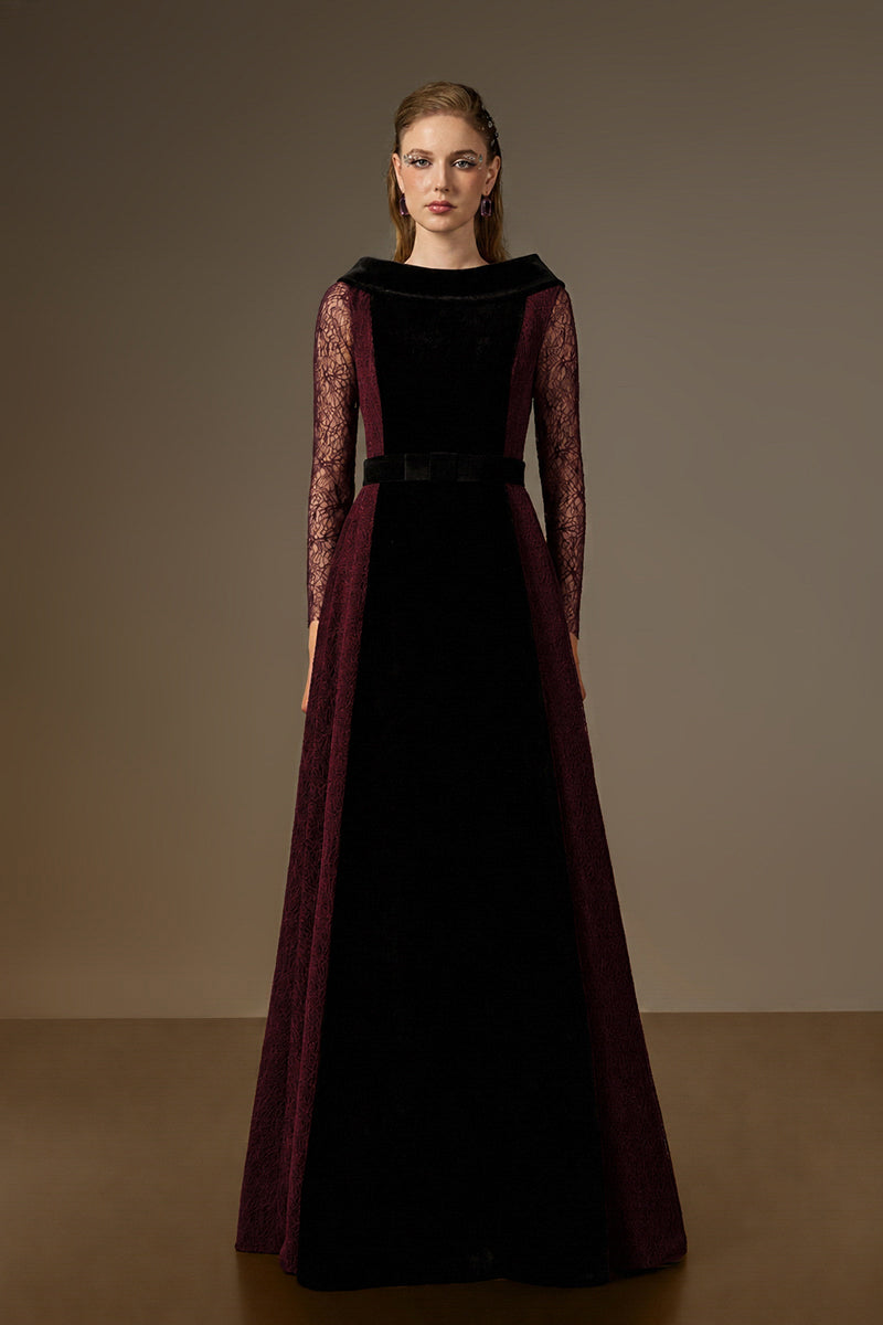 Round Neck A-Line Gown With De-Constructed Collar In Black Velvet And Dark Red Vine Guipure Lace