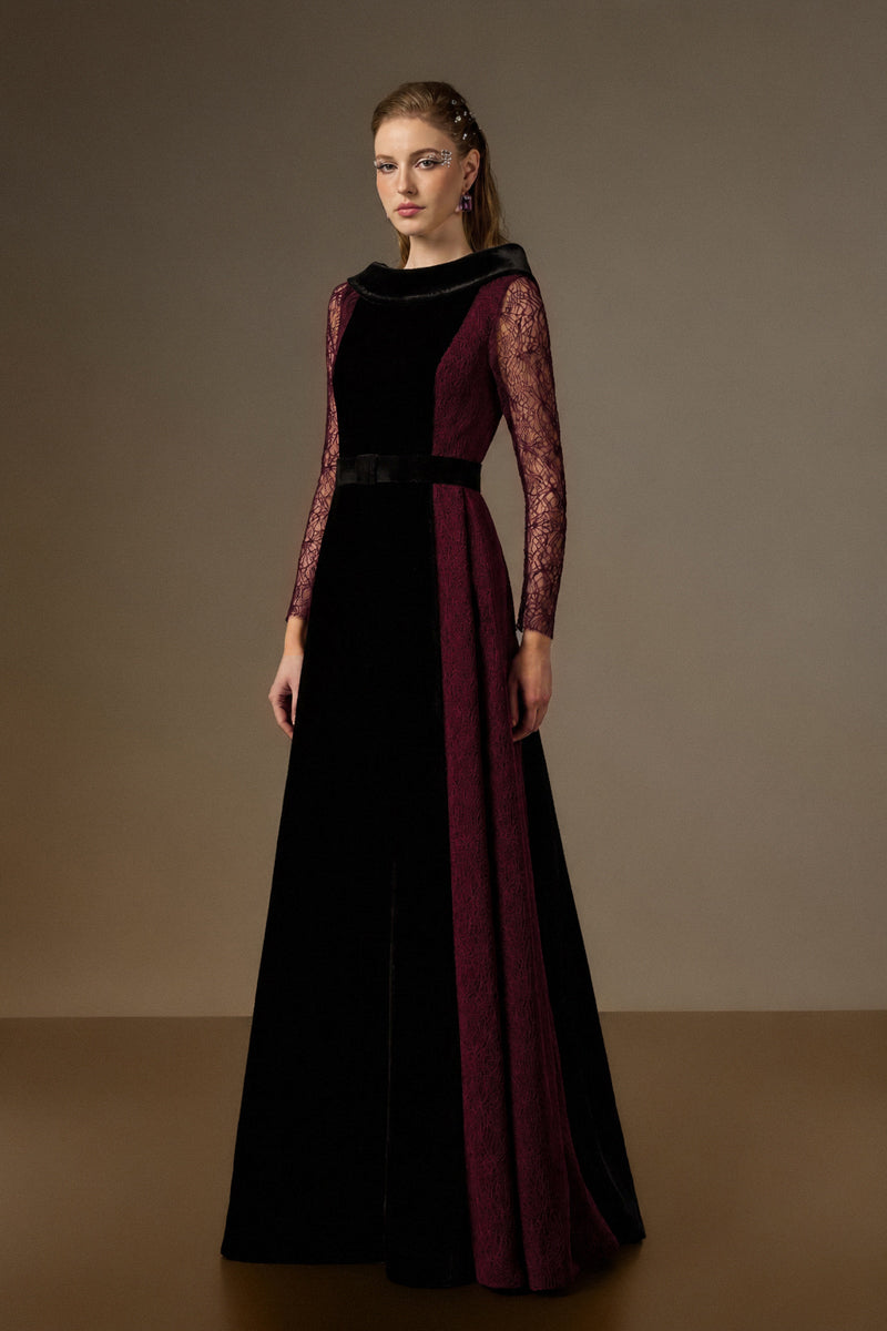 Round Neck A-Line Gown With De-Constructed Collar In Black Velvet And Dark Red Vine Guipure Lace