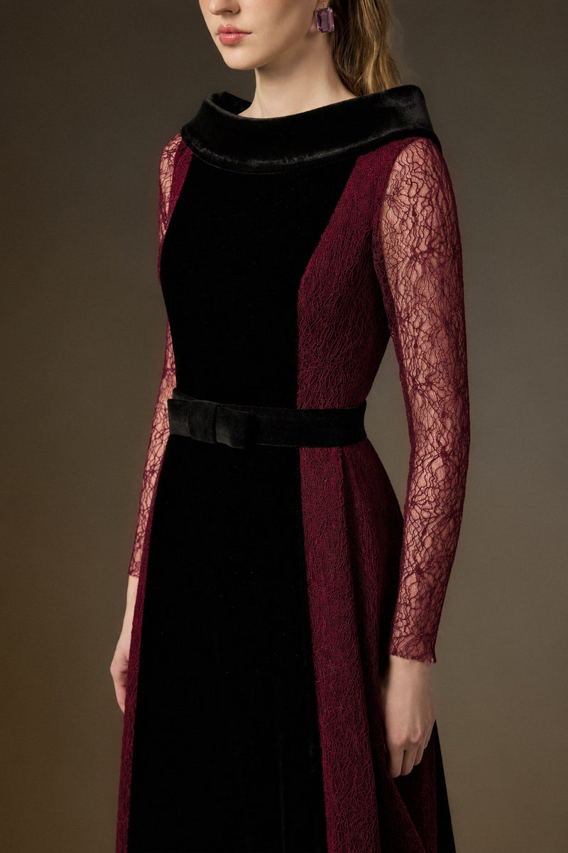 Round Neck A-Line Gown With De-Constructed Collar In Black Velvet And Dark Red Vine Guipure Lace