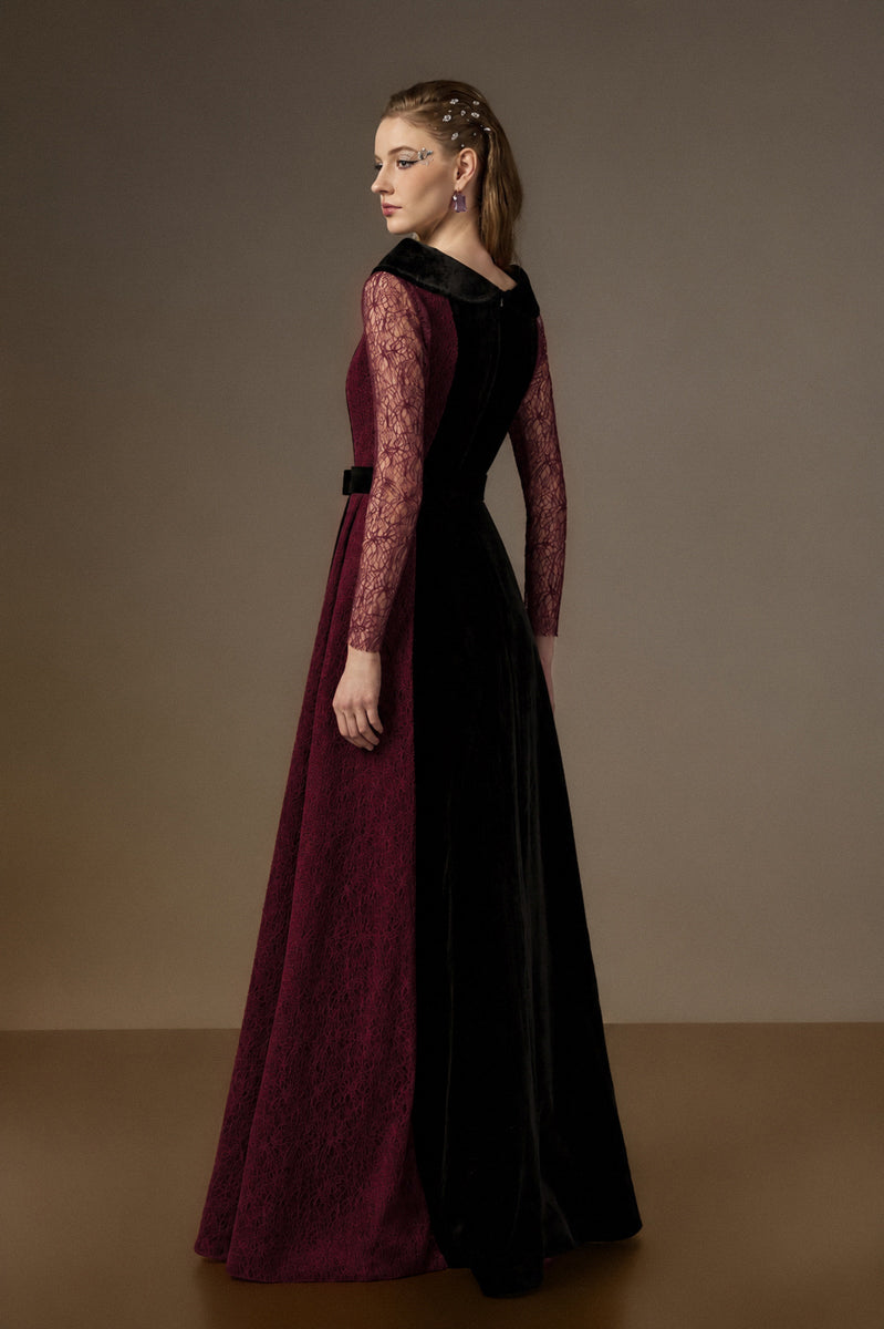 Round Neck A-Line Gown With De-Constructed Collar In Black Velvet And Dark Red Vine Guipure Lace