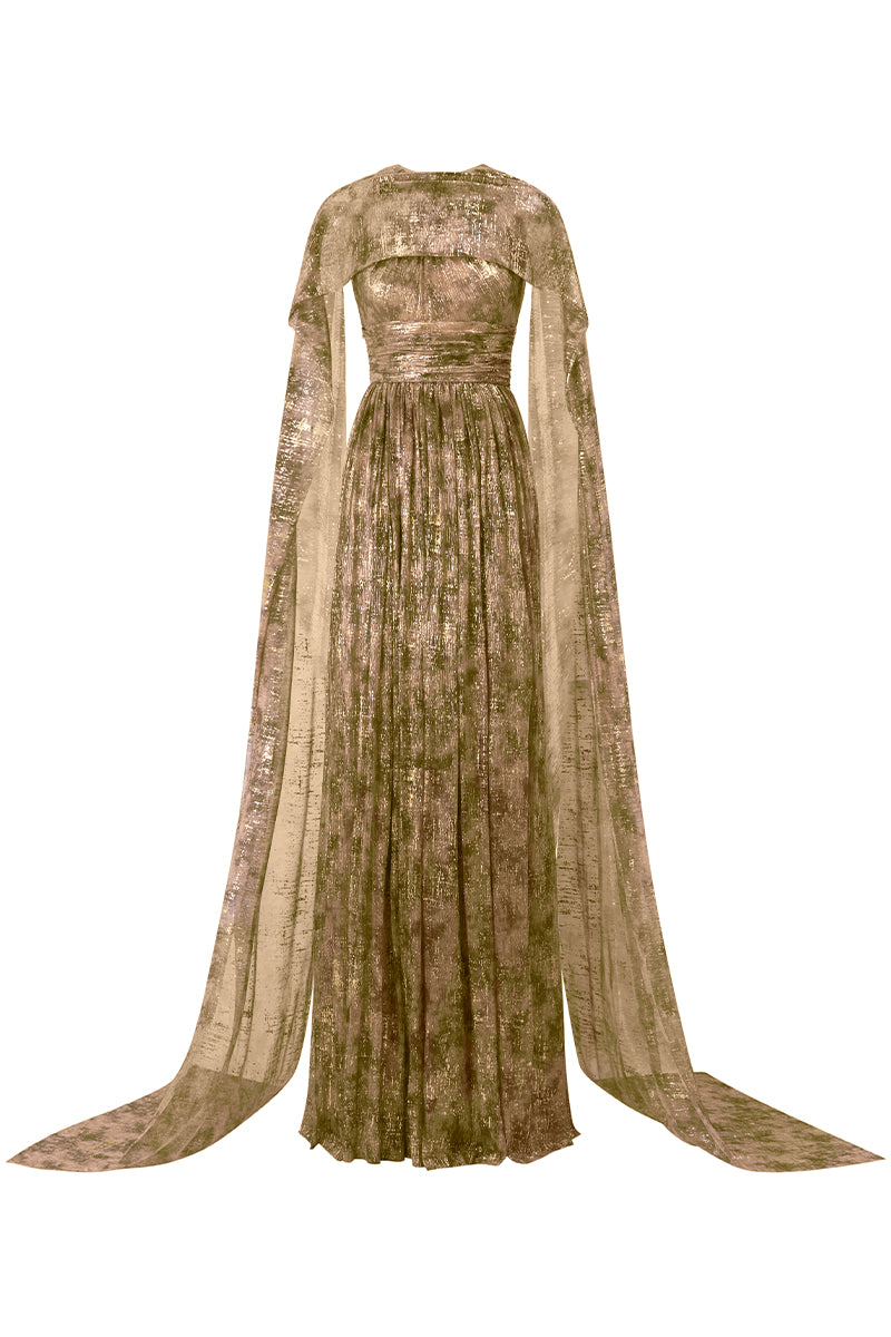 Bottle Neck A-Line Gown With Ruffle Back Train In Purple Tie-Dyed Golden Chiffon