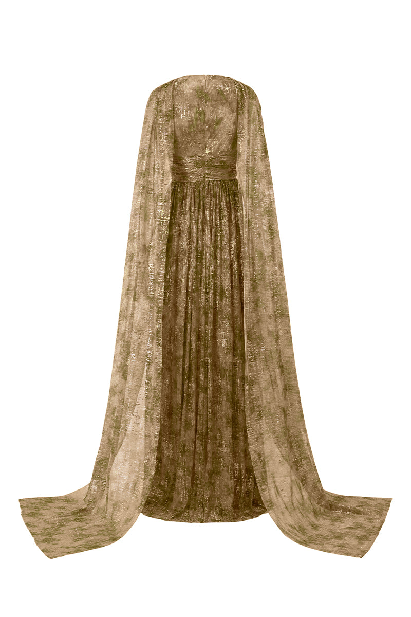 Bottle Neck A-Line Gown With Ruffle Back Train In Purple Tie-Dyed Golden Chiffon