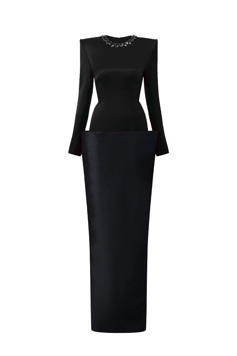 Round Neck Column Gown With V-Line Lower Skirt In Black Bamboo Taffeta And Satin Silk
