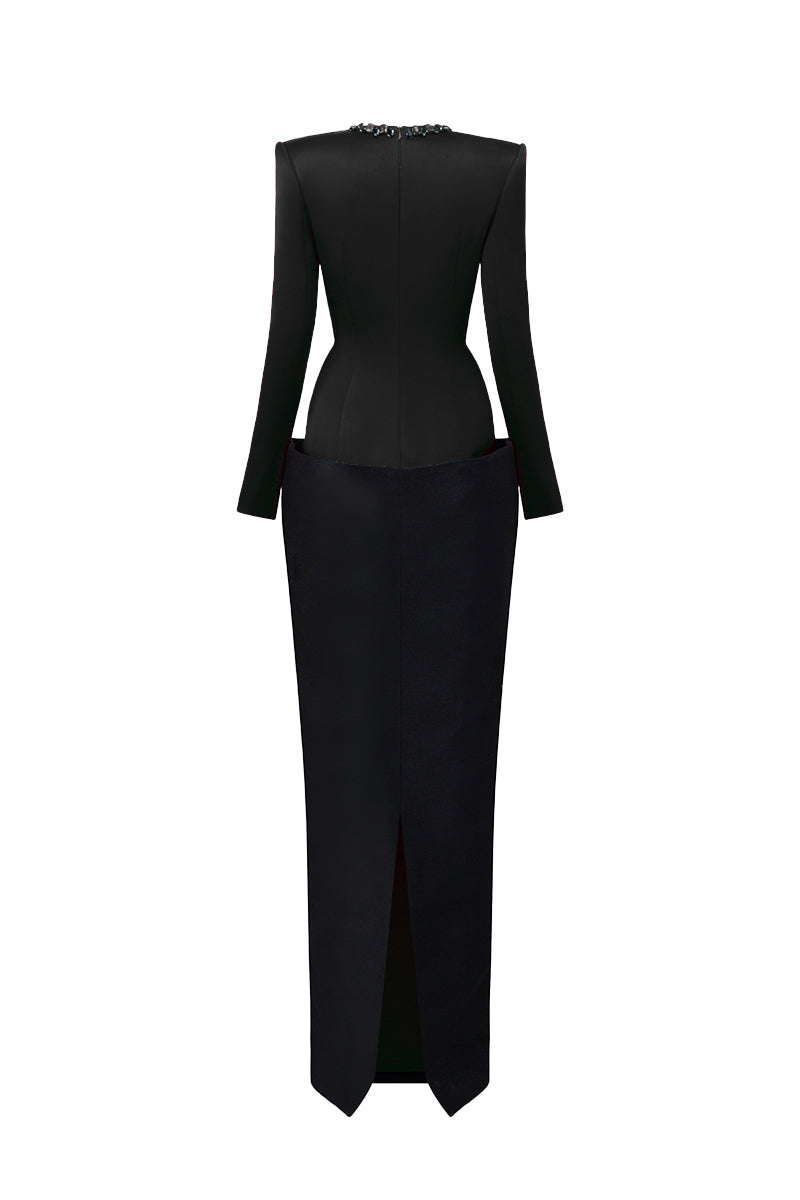 Round Neck Column Gown With V-Line Lower Skirt In Black Bamboo Taffeta And Satin Silk