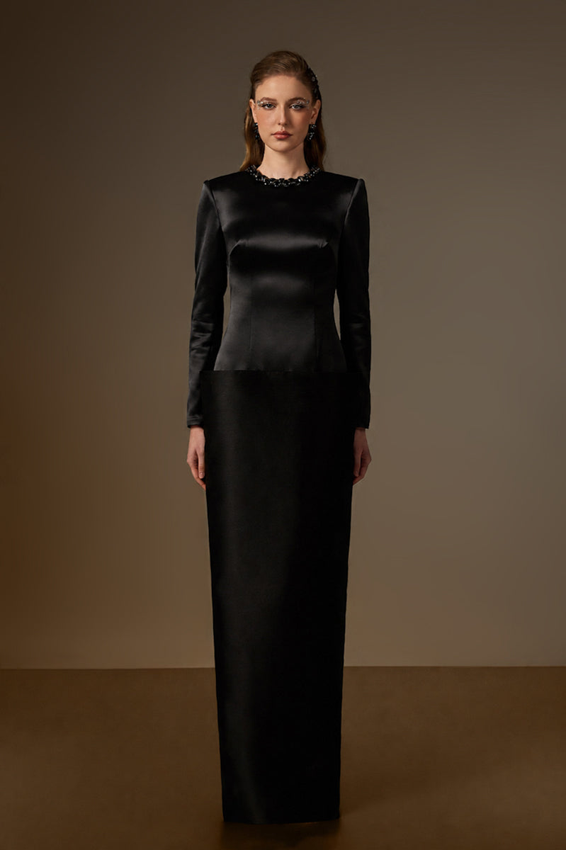 Round Neck Column Gown With V-Line Lower Skirt In Black Bamboo Taffeta And Satin Silk