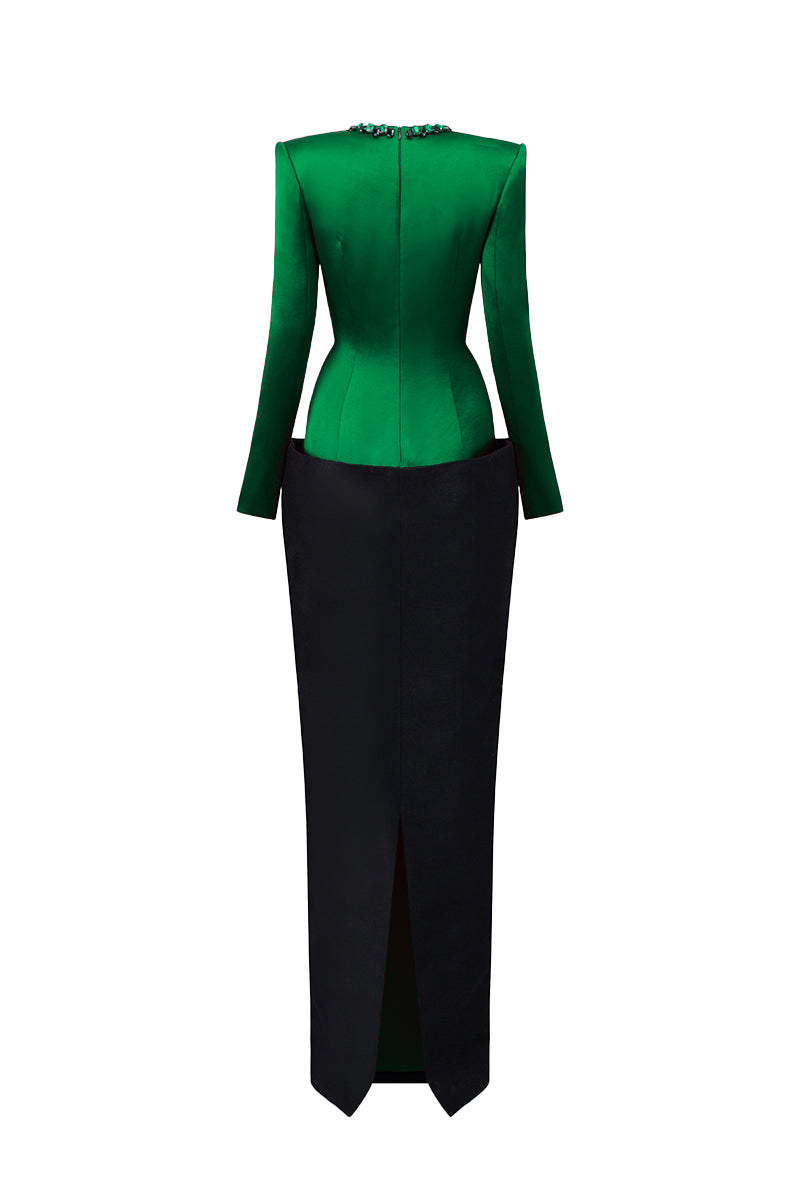 Round Neck Column Gown With V-Line Lower Skirt In Black Bamboo Taffeta And Dark Green Satin Silk