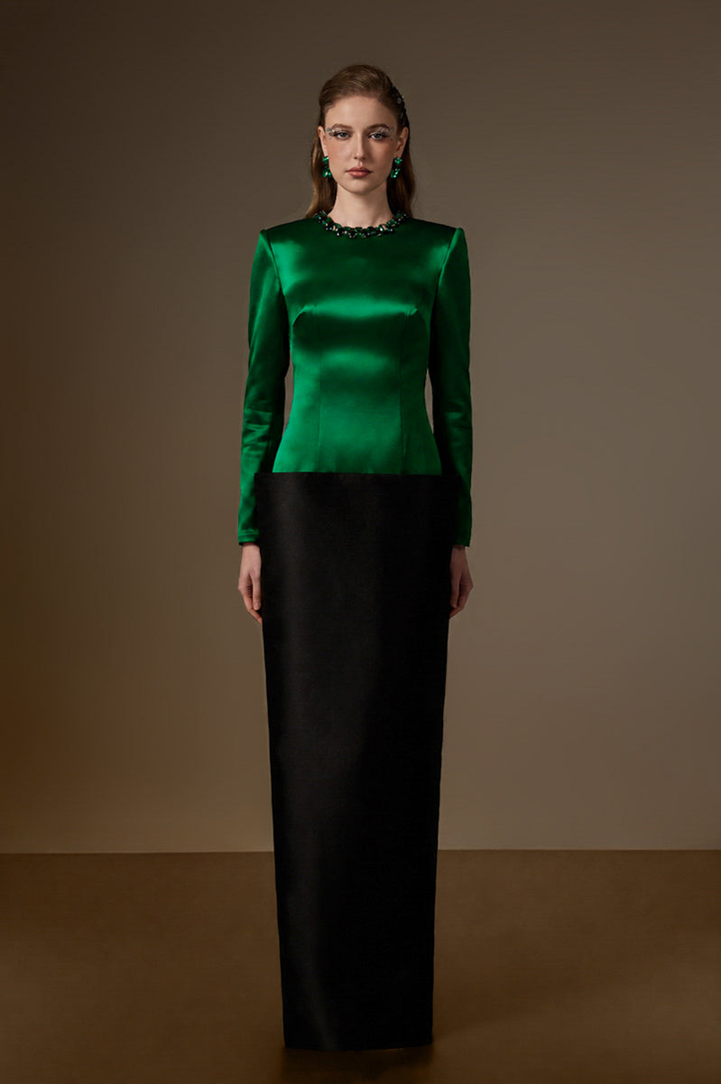 Round Neck Column Gown With V-Line Lower Skirt In Black Bamboo Taffeta And Dark Green Satin Silk