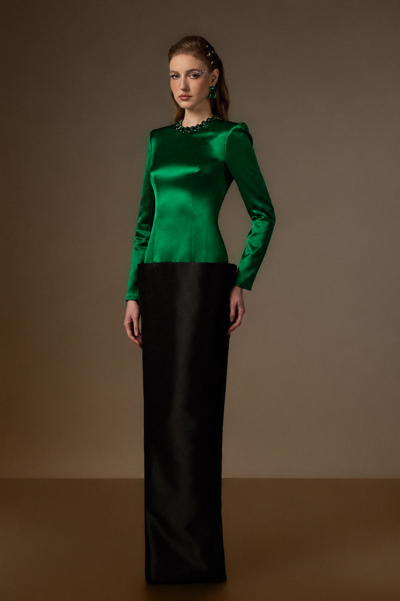 Round Neck Column Gown With V-Line Lower Skirt In Black Bamboo Taffeta And Dark Green Satin Silk