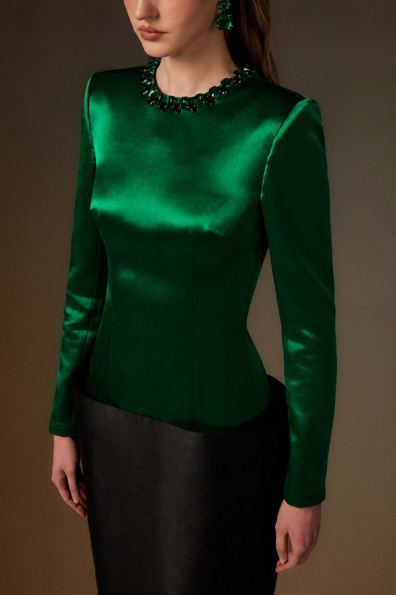 Round Neck Column Gown With V-Line Lower Skirt In Black Bamboo Taffeta And Dark Green Satin Silk