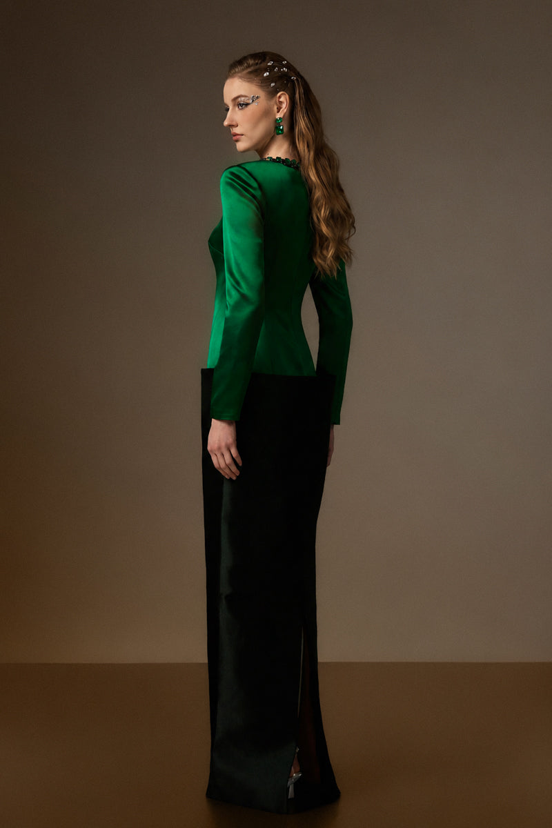 Round Neck Column Gown With V-Line Lower Skirt In Black Bamboo Taffeta And Dark Green Satin Silk