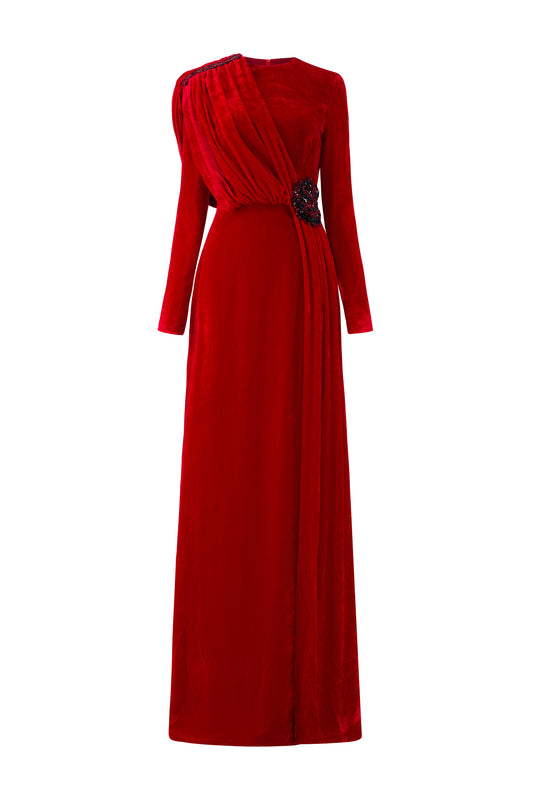 Round Neckline Draped Soft Velvet Gown