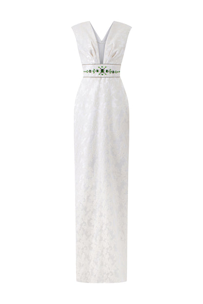 V-Cut Neck White Gown With Embellished Waist Line
