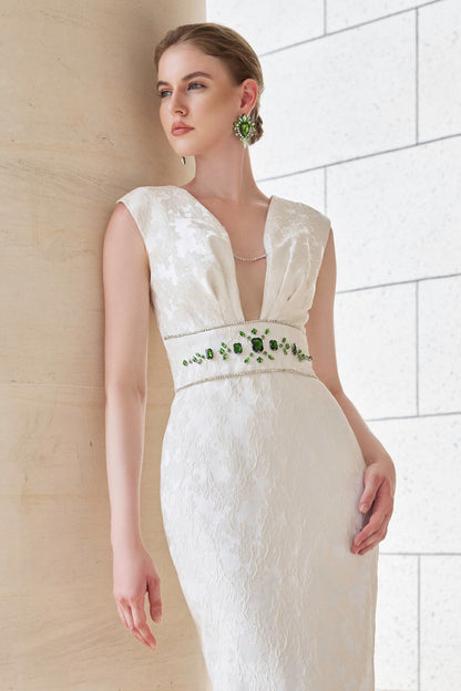 V-Cut Neck White Gown With Embellished Waist Line