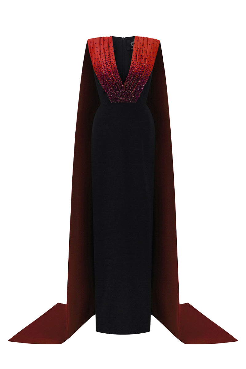 V Neck Column Gown With Draped Details In Dark Red Crepe And Grey Taffeta