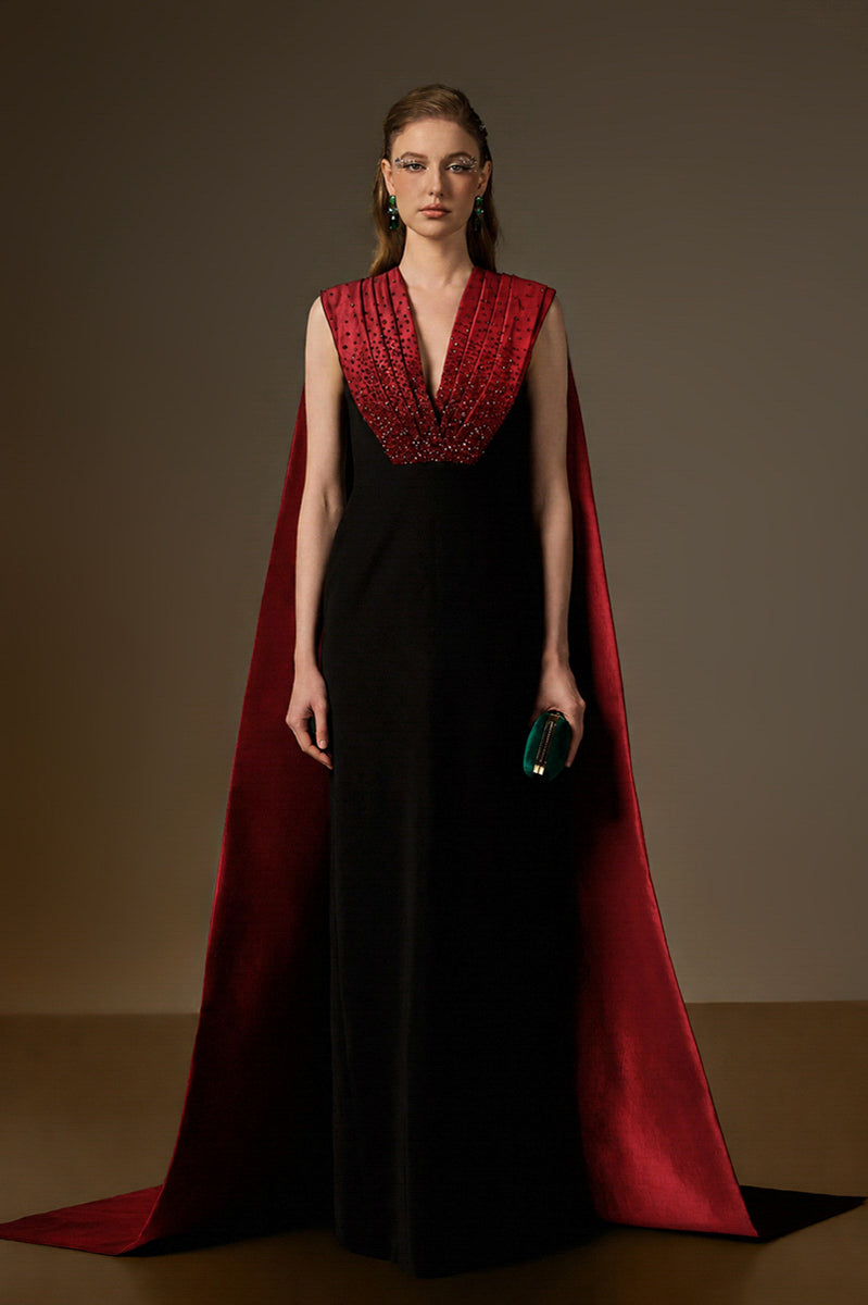 V Neck Column Gown With Draped Details In Dark Red Crepe And Grey Taffeta