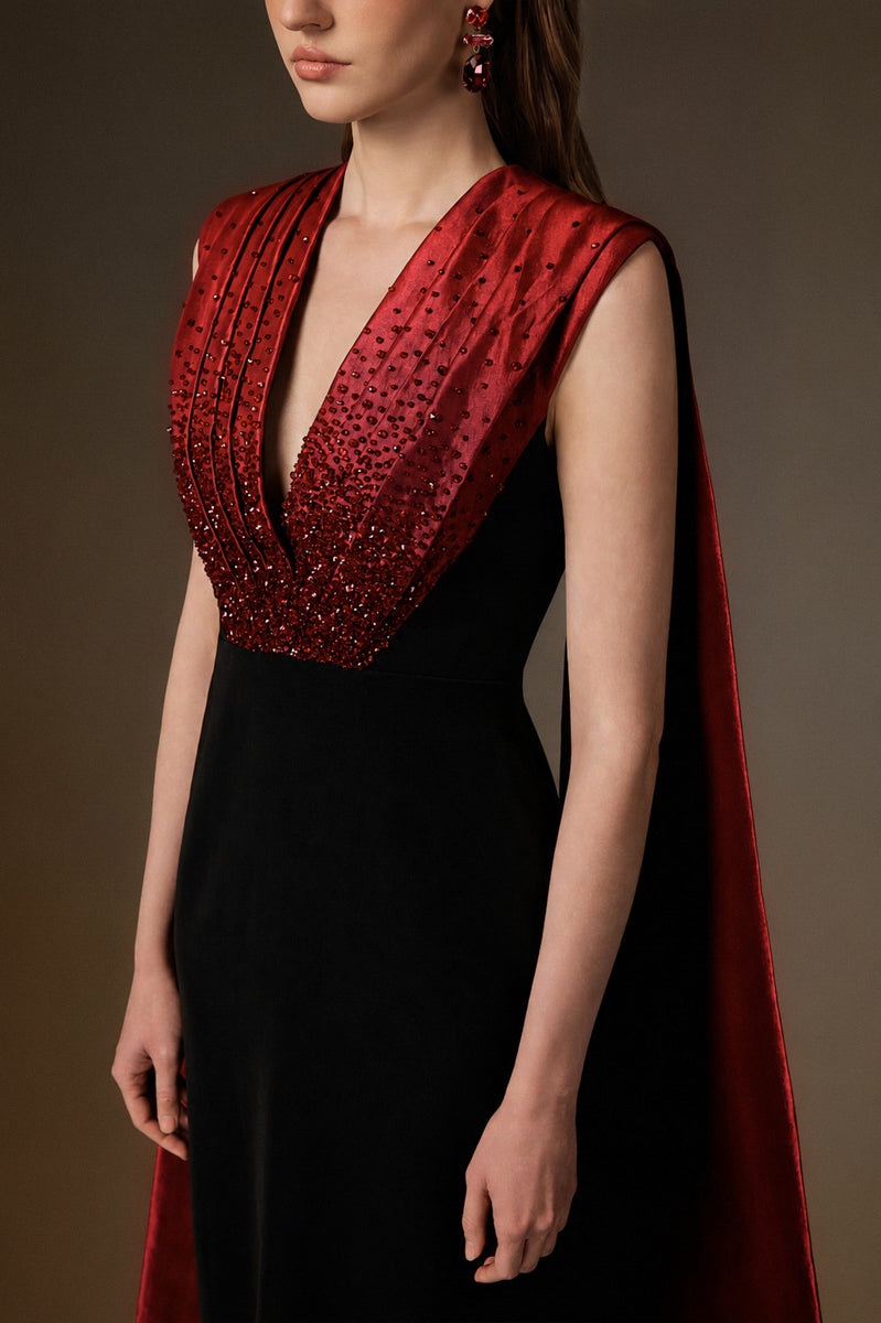 V Neck Column Gown With Draped Details In Dark Red Crepe And Grey Taffeta