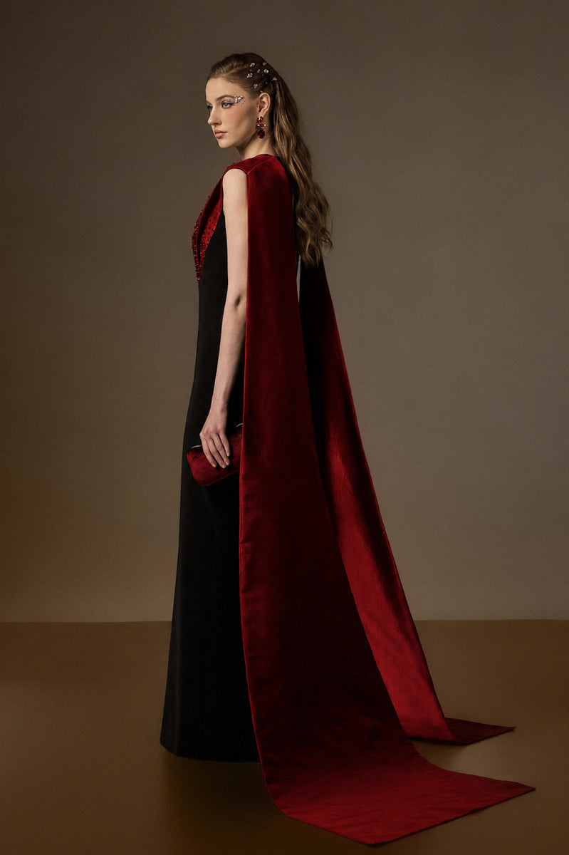 V Neck Column Gown With Draped Details In Dark Red Crepe And Grey Taffeta