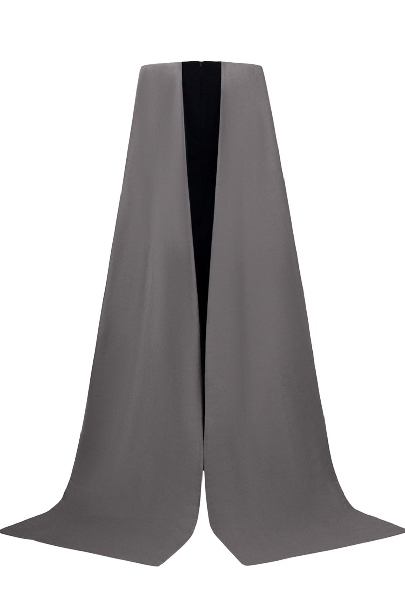 V Neck Column Gown With Draped Details In Black Crepe And Grey Taffeta