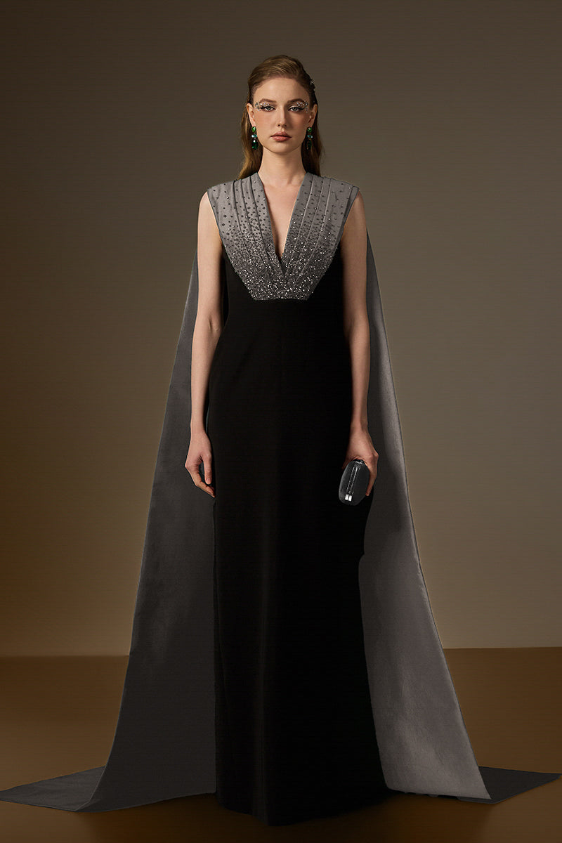 V Neck Column Gown With Draped Details In Black Crepe And Grey Taffeta