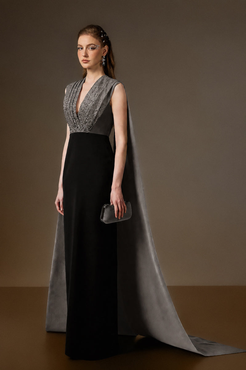 V Neck Column Gown With Draped Details In Black Crepe And Grey Taffeta