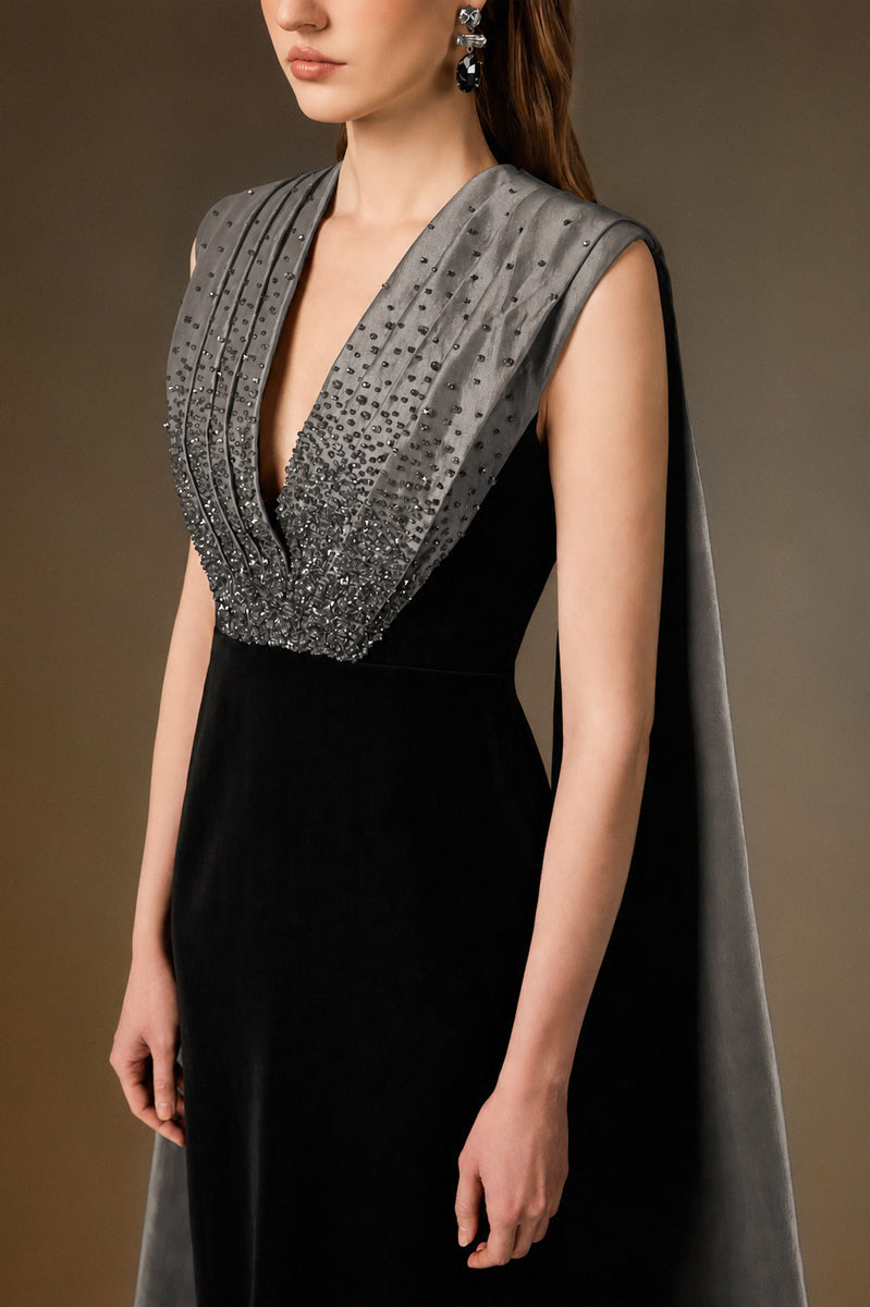 V Neck Column Gown With Draped Details In Black Crepe And Grey Taffeta