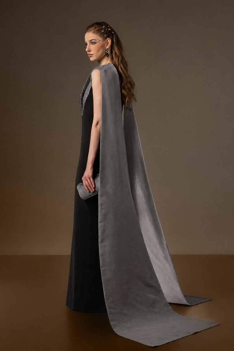 V Neck Column Gown With Draped Details In Black Crepe And Grey Taffeta