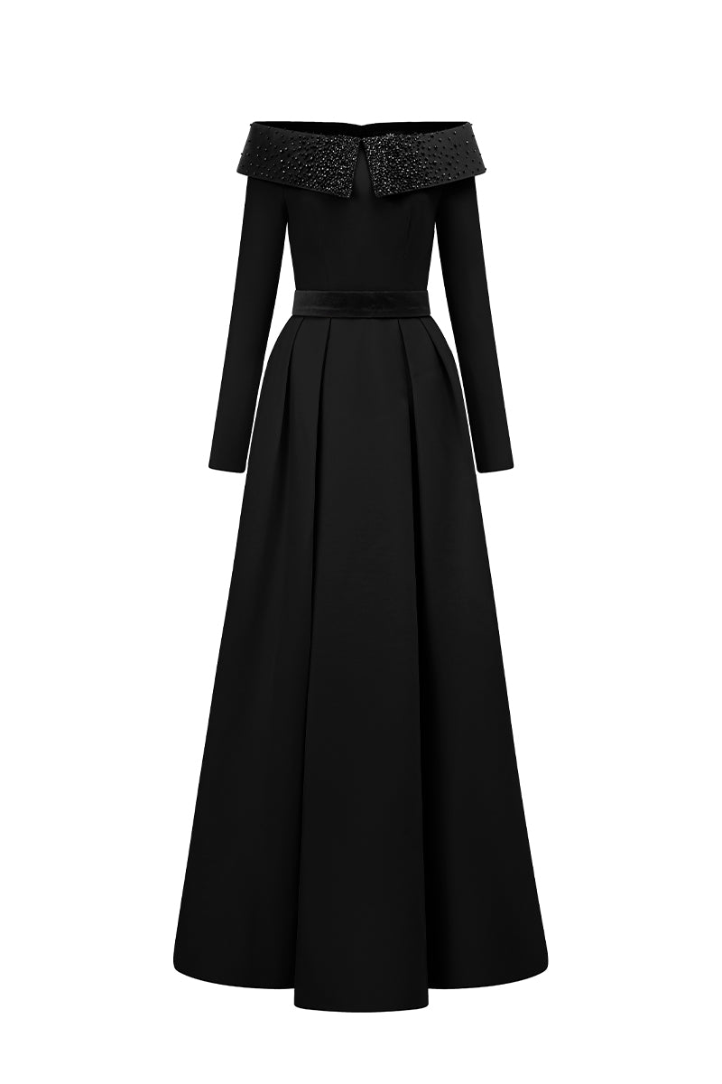 Off-shoulder A-Line Dress In Black And Beige
