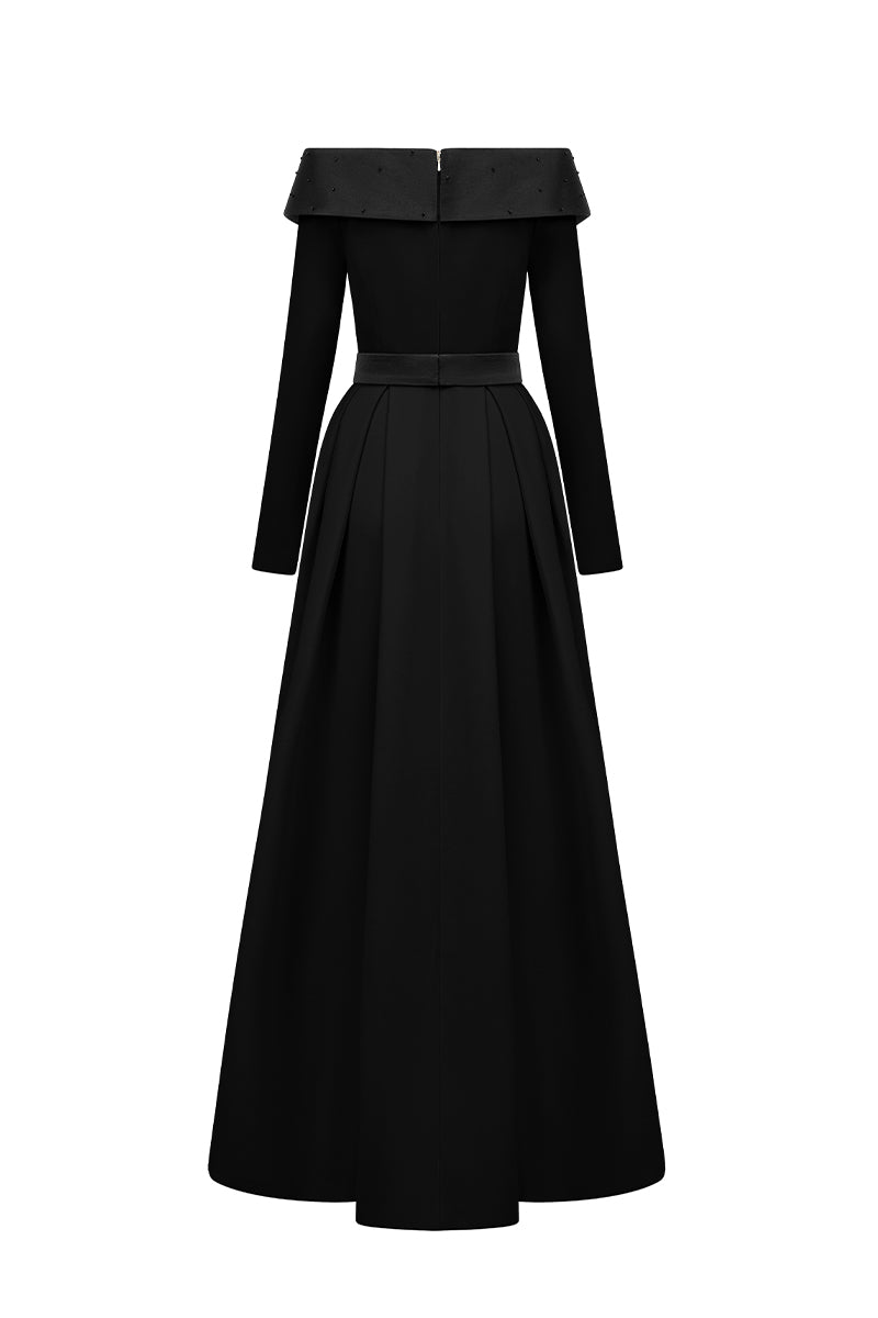 Off-shoulder A-Line Dress In Black And Beige