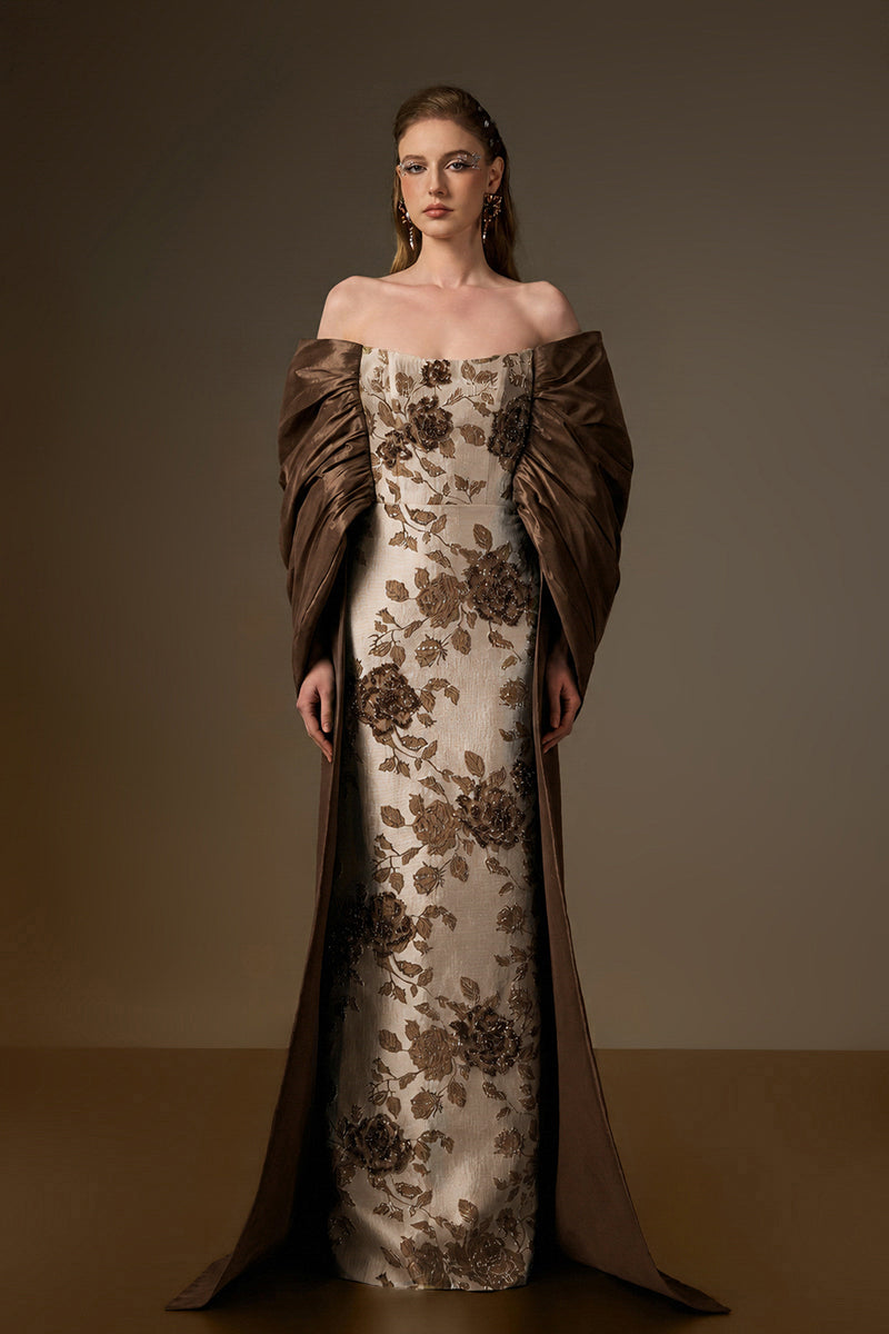 Bustier Column Gown With Draped Off-Shoulder Details In Brown Rose Branch Brocade & Taffeta
