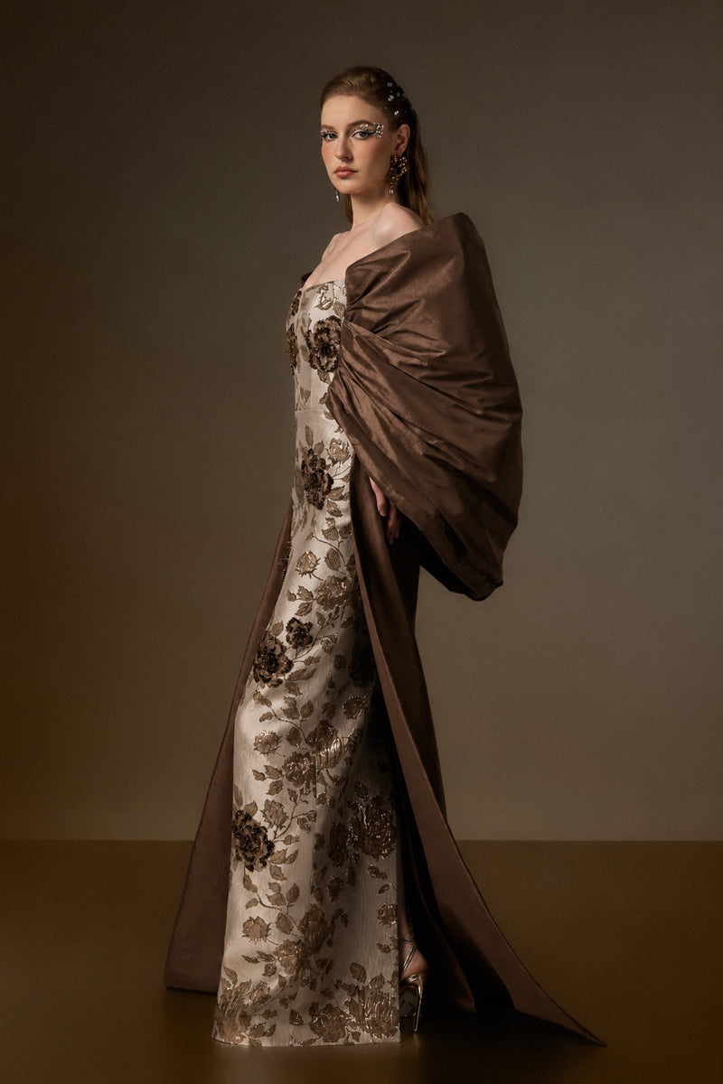 Bustier Column Gown With Draped Off-Shoulder Details In Brown Rose Branch Brocade & Taffeta