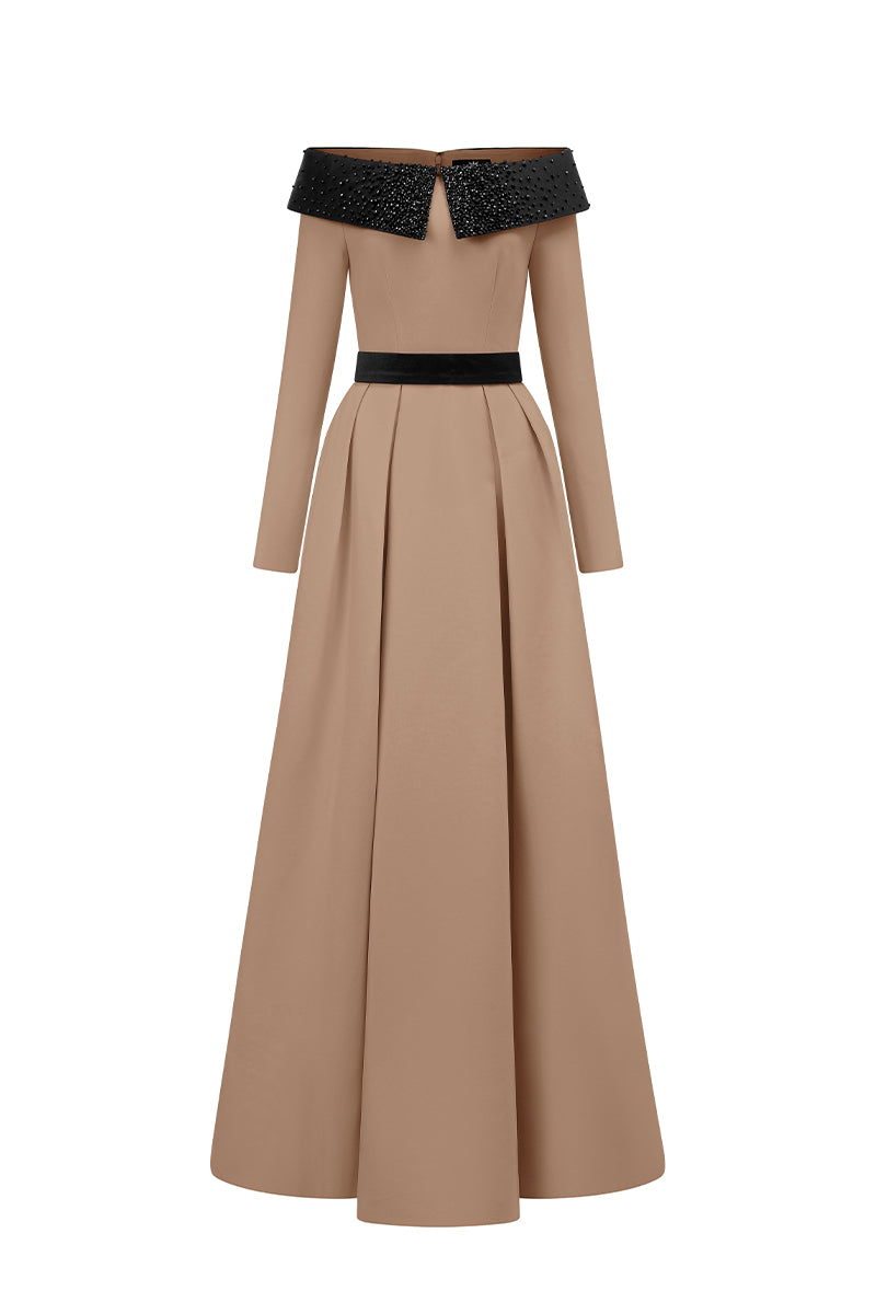 Off-shoulder A-Line Dress In Black And Beige