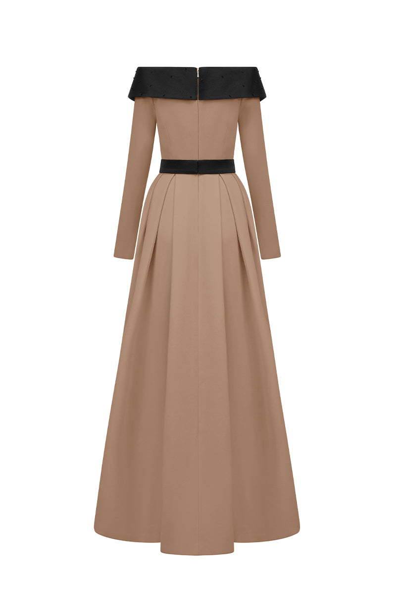 Off-shoulder A-Line Dress In Black And Beige